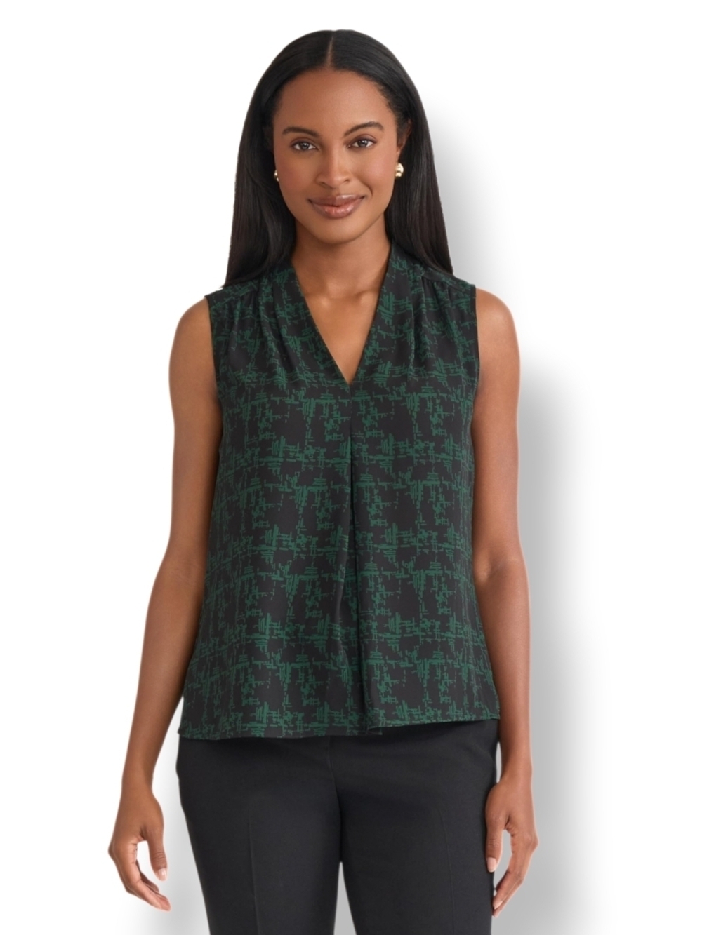 KASPER - PXL Sleeveless V-Neck Printed Shell Top - Green/Black - Picture 10 of 10